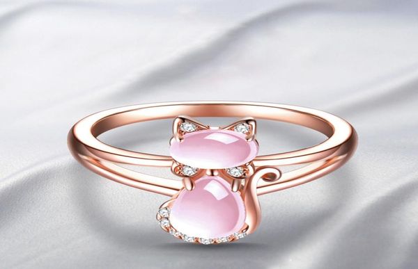 

cute animal rose gold color cat ring for women girls pink crystal stone kitten finger ring open adjustable jewelry gifts anillos4431369, Golden;silver