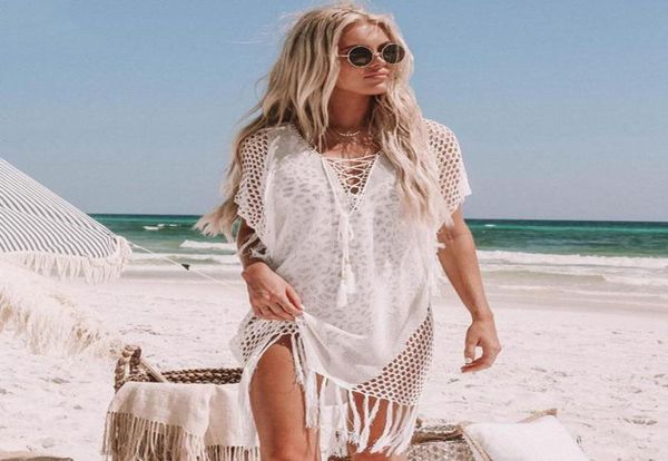 

new knitted beach cover up women bikini swimsuit cover up hollow out beach dress tassel tunics bathing suits coverups beachwear8331812, Black;gray