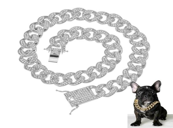 

pendant necklaces cz rhinestone dog chain collar and leash super strong metal choke silver gold pet lead rope for party show2845284