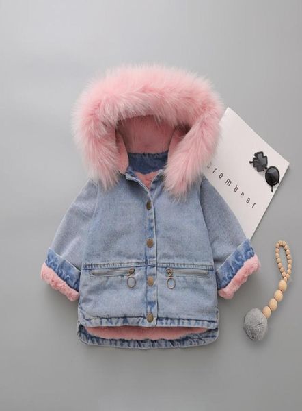 

2019 winter baby girl denim jacket plus velvet faux fur warm toddler cotton girl outwear coat 15 years kids girls jeans parka9000635, Blue;gray