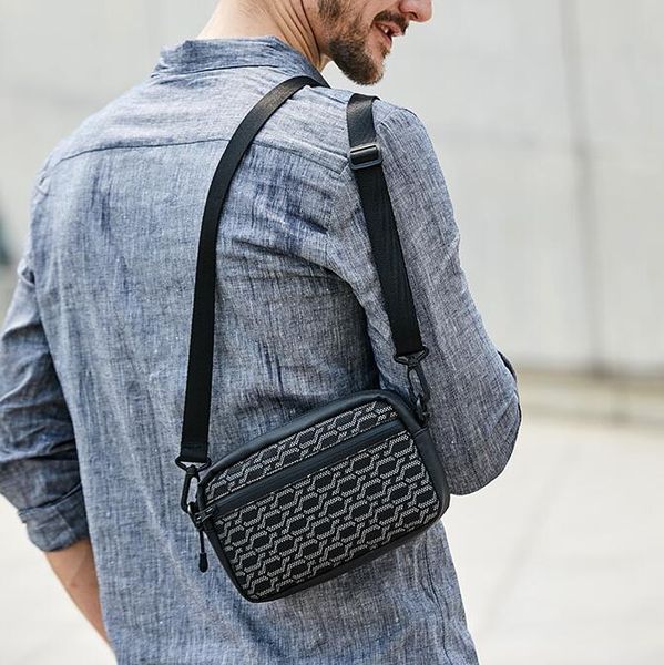 

factory wholesale men shoulder bags simple joker black printed handbag waterproof zipper thickened leather mobile phone coin purse luminous