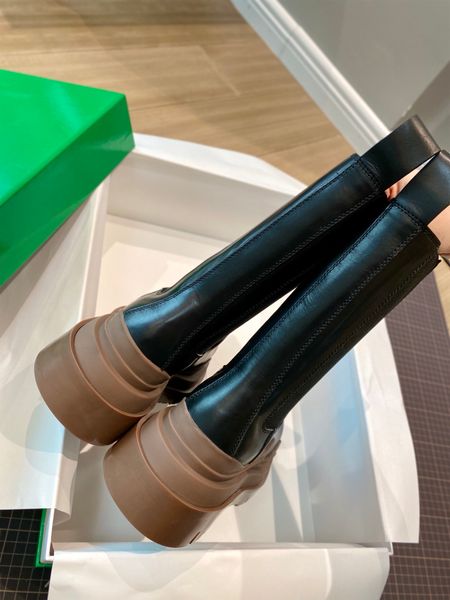

boots classic european leather nylon bag ankle boots thick platform wedge shoes with round head leather high heels 0822, Black