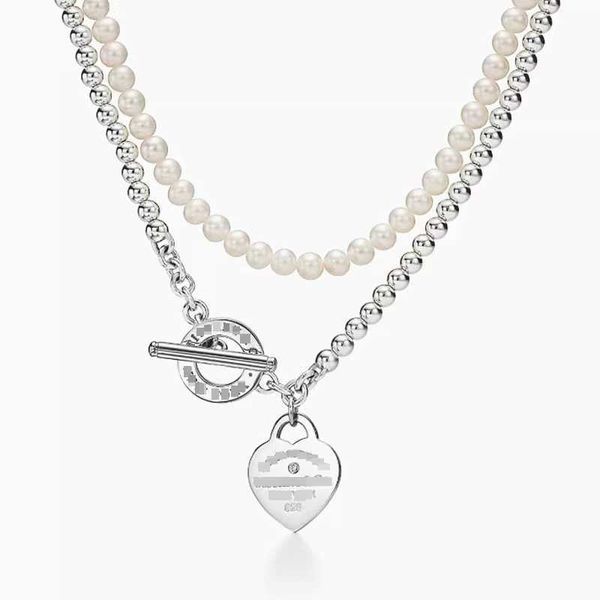

designer new popular temperament tiffay 925 sterling silver ot buckle double layer pearl heart shaped pendant with diamond necklace for wome