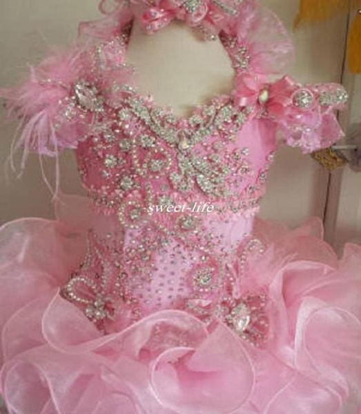 

2019 fashion pink ball gown ruffle girls pageant dresses luxury bead crystal fur feather glitz kids birthday party gowns flower gi9810436, White;red