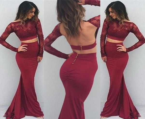 

burgundy two pieces dresses evening wear 2017 lace sheer neck open back long sleeves prom dress mermaid button back par2900879, Black