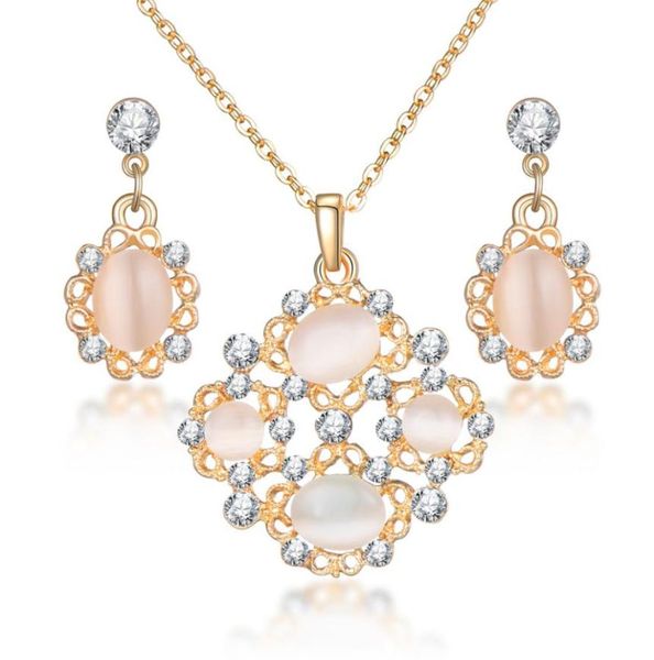 

fashion opal jewelry sets for woman cubic zirconia drop golden plated necklace pendant earrings statement bridal wedding gift1604294, Silver