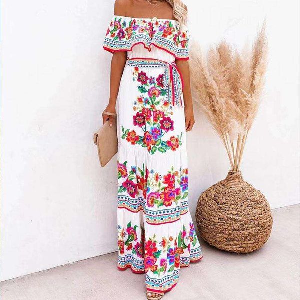 

dress summer off shoulder lace up tube printed swing long, Black;gray