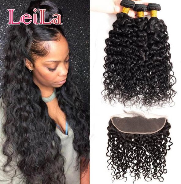 

brazilian raw virgin hair extensions bundles with 13x4 lace frontal part water wave bundles with frontal closure 4 pieceslot9485070, Black;brown