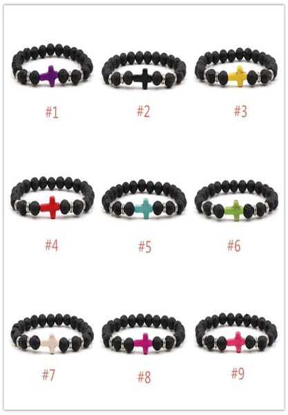 

8mm natural black lava stone cross cham bracelet diy essential oil diffuser bracelet for women yoga jewelry5466675