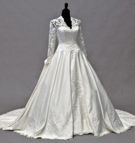 

2021 vintage kate middleton long sleeves fall wedding dresses aline vneck ivory taffeta appliques peplum bridal gowns vestidos d2864310, White