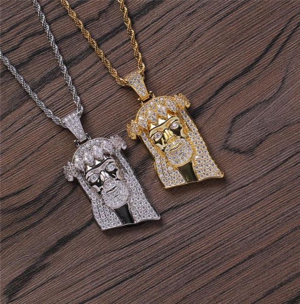 

hip hop jesus head pendant necklace gold silver plating with rope chain tennis chain iced out full zircon mens necklace7966403