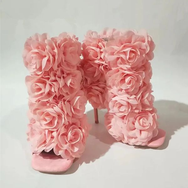 

women babypink floral bootie female squared open toe stiletto heels ankle boot ladies rose flower sandals, Black