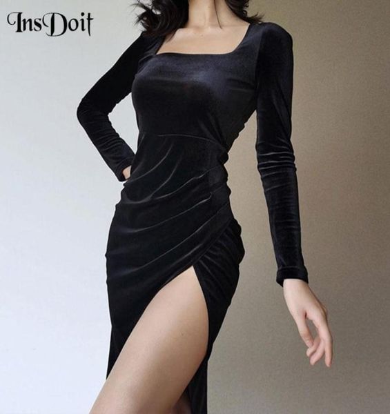 

insdoit vintage velvet black gothic dress aesthetic elegant high waist midi women slit party outfit dresses casual8025102, Black;gray