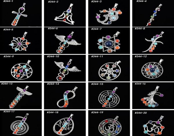 

whole 22 mix style natural crystal gemstone pendant seven chakra religious pendant alloy inlaid gemstone pendant 0121183528, Silver