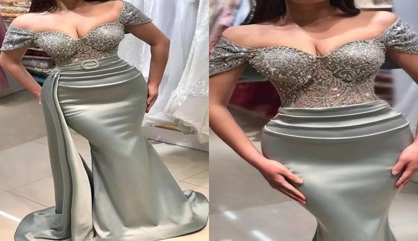 

arabic grey mermaid evening dresses off shoulder cap sleeve lace beaded satin prom formal party second reception gowns4763059, Black;red