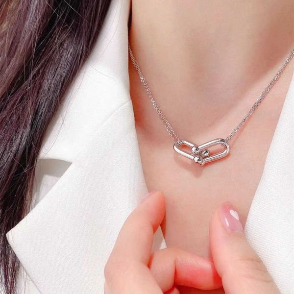

designer new s925 silver horseshoe buckle necklace women's u-shaped double ring full diamond pendant collar chain tiffay simple ornamen