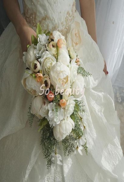 

rose peony bridal cascading bouquet wedding bouquets bride girl flowers home party decoration fake table flower white pink9526976