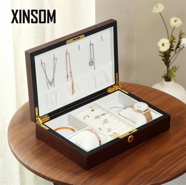 

fashion wooden jewelry box with lock luxury high capacity necklace earrings rings bracelets jewelry storage box casket6827780, Black;white