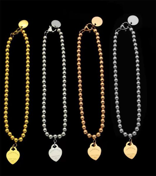 

2022 fashion brand t letter bead chain bracelet classic luxury heart charm bracelet for women 316l titanium plated 18k gold design6578305, Black