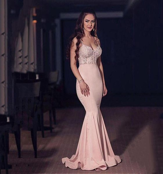

delicate satin spaghetti straps neckline mermaid prom dresses with charming illusion pink beaded lace appliques evening party dres3590800, Black