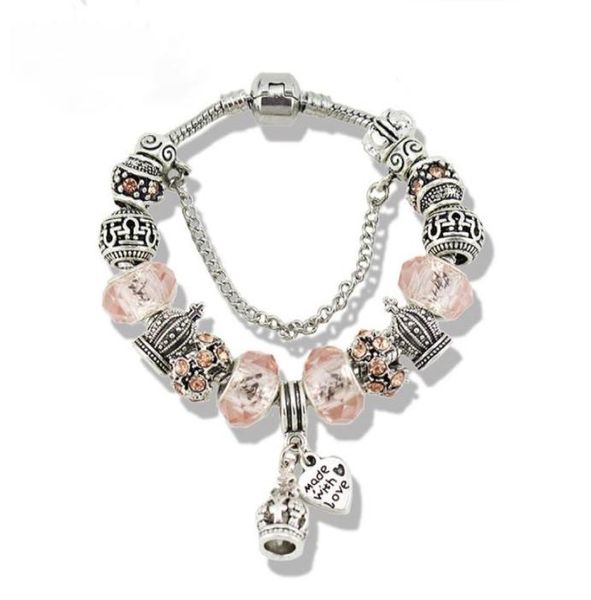 

crown and love heart pendant charm bracelets with original box for p sterling silver plated chain colour charms bracel2160115, Golden;silver