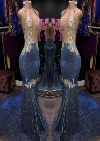 

sparkly blue white sequined mermaid prom dresses halter plunging neck appliques open back long evenin party gowns bc40745132030, Black