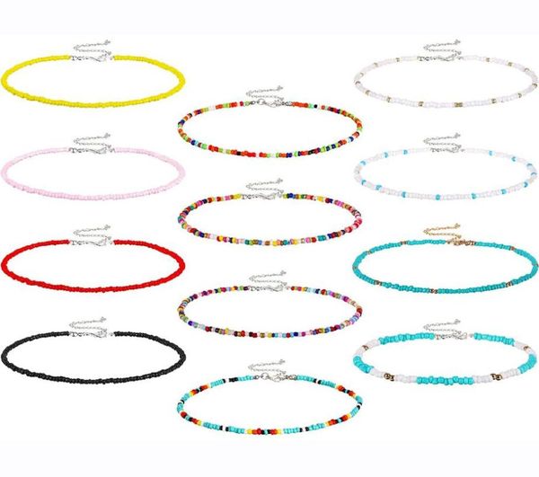 

qimoshi 12pcs boho glass seed beads choker necklace colorful beaded rainbown beach bead choker necklaces for women7304173, Golden;silver