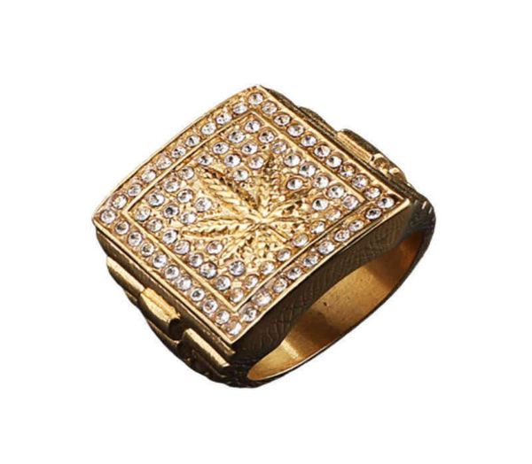 

cluster rings iced out weed maple leaf bling gold stainless steel ring micro hardened rhinestone rings for men hip hop jewelry 2206180124, Golden;silver