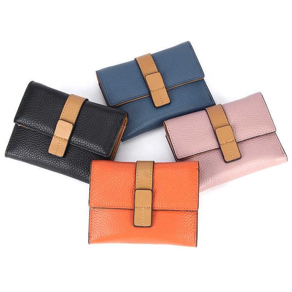 

fashionable contrasting color layer cowhide wallet with large capacity multi card holder zero wallet foldable short wallet women's leat