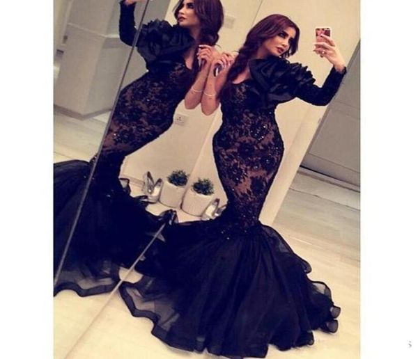 

new arabic evening dresses long sleeve mermaid one shoulder black lace beads long formal saudi arabia dubai prom dress party6368485, Black;red