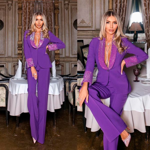 

purple women suits for wedding tuxedos 2 pieces sequins beading blazer and pants designer formal party prom dress custom made, Black;red