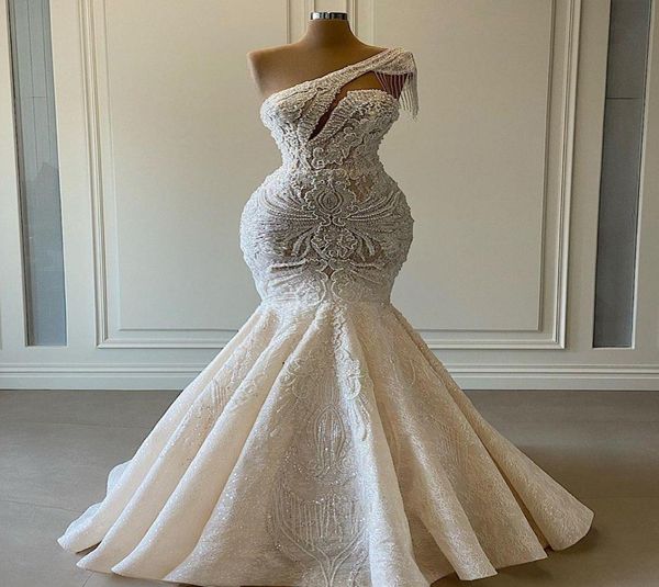 

2021 plus size arabic aso ebi luxurious lace beaded wedding dresses one shoulder mermaid bridal dresses vintage wedding gowns7823910, White