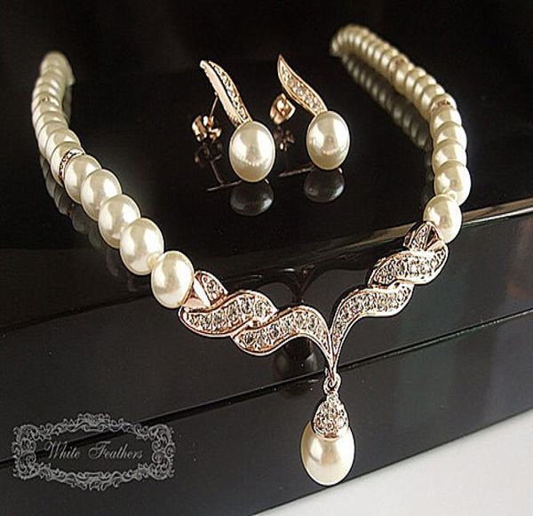 

rose gold silver plated bridal jewelry sets cream faux pearl rhinestone crystal diamante wedding necklace and earrings6885474