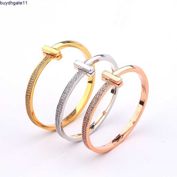 

2023 new fashion accessories creative gold-plated half set double t bracelet versatile light luxury women's micro zircon wide version, Silver