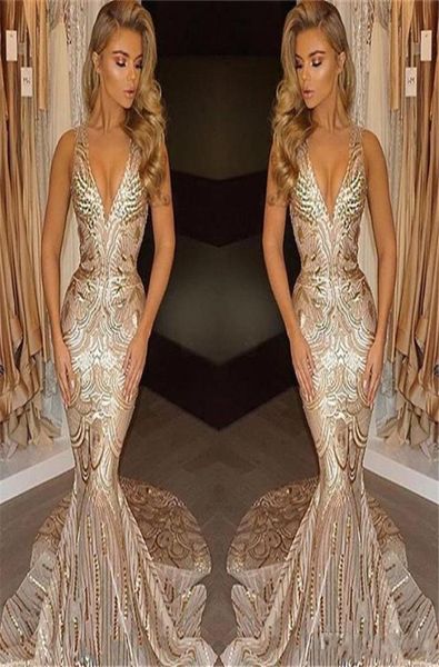 

2020 luxury gold sequined mermaid prom dresses deep v neck sweep train long formal plus size special occasion evening party pagean9877854, Black