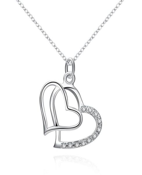 

fashion jewelry plated 925 sterling silver inlaid zircon double heart pendant necklace 5684021