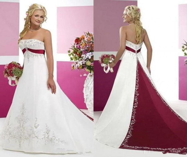 

dark red and white wedding gowns modest strapless stain embroidery two tone sweep train plus size country vintage bridal party dre6447078