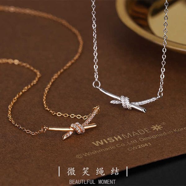 

designer new maker s925 sterling silver new tiffay knot necklace women's cross twist design with diamond embedding smile tide pendant