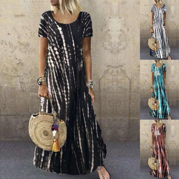 

summer dress round neck short sleeve tie dyed printed large swing size casual skirt, Black;gray