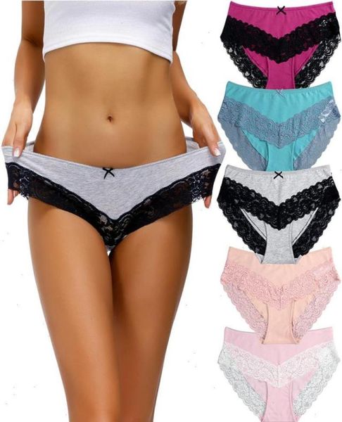 

5pcs set cotton panties womens underwear lace cute bow female underpants briefs solid color soft lingerie sxxl design7296903, Black;pink