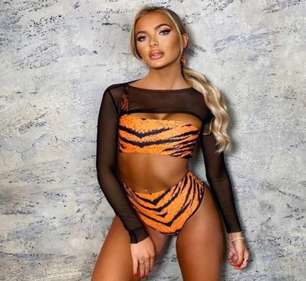 

women039s swimwear piece bikinis set with long sleeve cover up mesh swimsuit women high waist bathing suit bathers trikini tank9106233, White;black