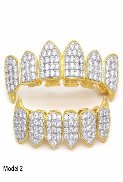 

18k real gold punk hiphop cz zircon poker letters vampire teeth fang grillz diamond grills braces tooth cap rapper jewelry for cos1318352, Black
