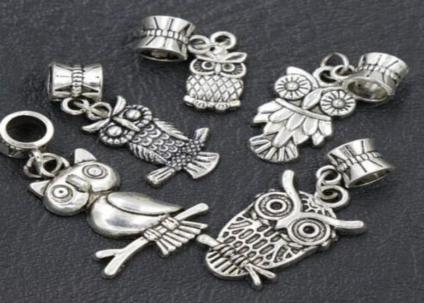 

7styles assorted bird owl dangle 105pcslot antique silver big hole beads fit european charm bracelet b1563 b9937790865, Black