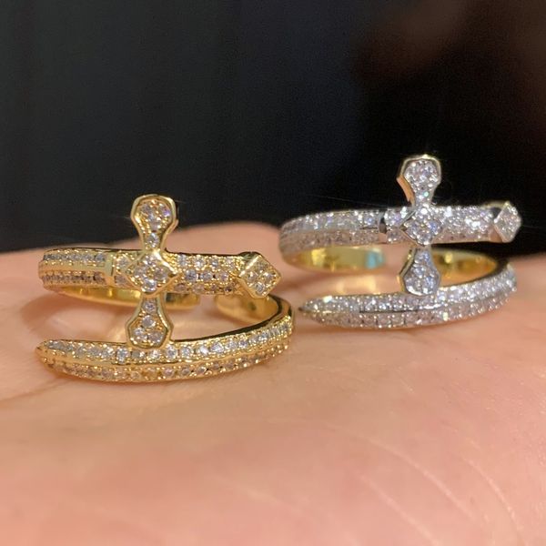 

hip hop rapper ring men sword of justice opening adjustable ring full diamond zircon punk luxurious jewelry rapper night club accessories 14, Golden;silver