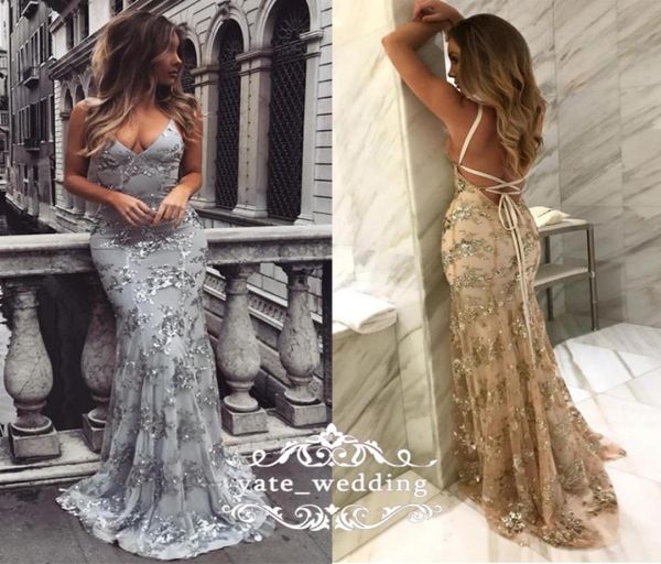 

2018 sparkly silver gray mermaid evening dresses v neck criss cross back champagne gold prom dresses backless formal gowns2542476, Black;red