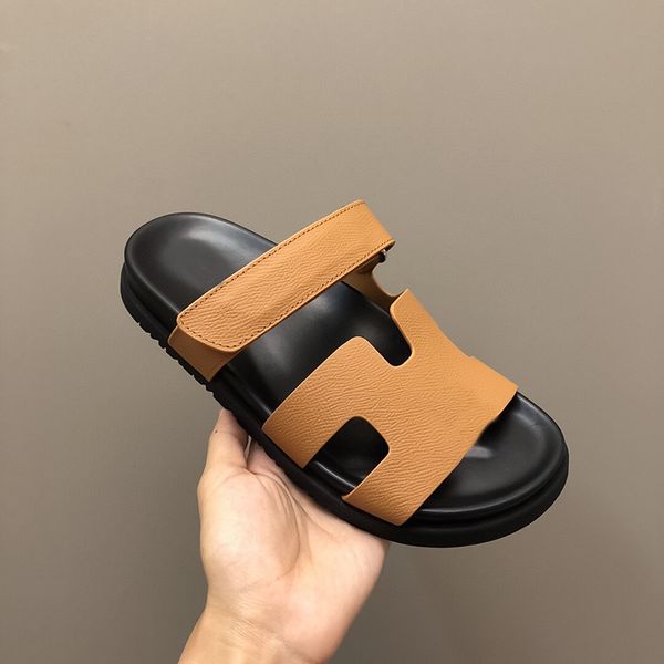 

genuine leather summer slippers couple beach sandals outdoor versatile high-end feel hook&loop casual thick soled womens sandals mens slippe, Black