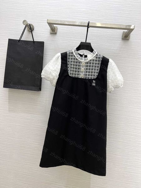 

23ss womens designer clothing women dresses summer dress heavy stitching beads sequin lace fake two patchwork embroidery puffy sleeve dress, Black;gray