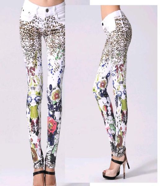 

printing jeans woman casual pencil pants girl washed leopard pattern skinny long women jeans capris4516683, Blue