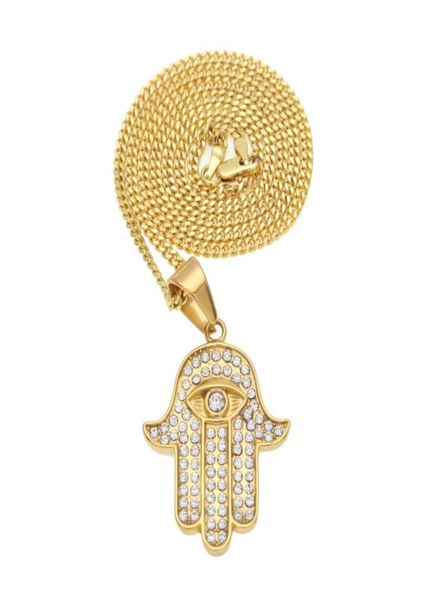 

stainless steel gold color hamsa hand pendant iced out rhinestone hand of fatima jewelry with 3mm 24inch cuban chain5708695, Silver