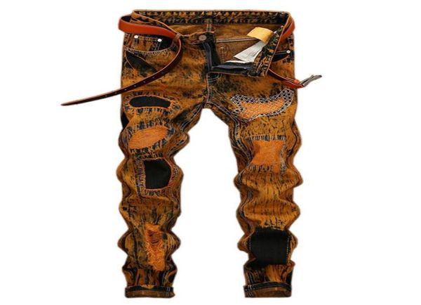 

2021 men039s jeans european and american style ripped men hole straight slim pants trendy large ripped jeans215o4120635, Blue
